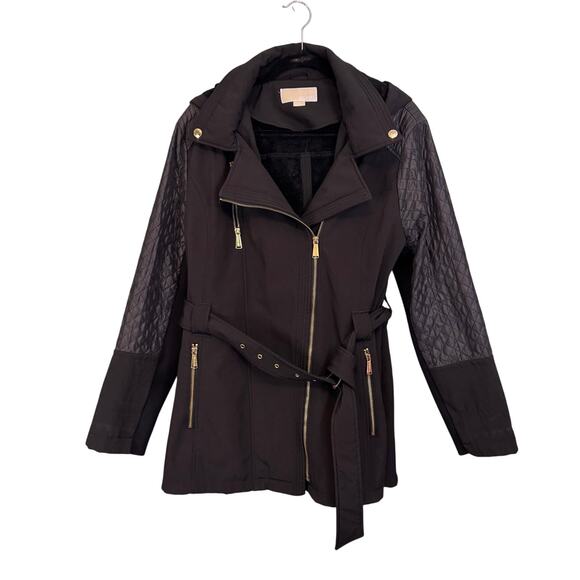 Michael Kors Quilted Sleeve Trench Coat Women XXL Black Asymmetrical Zip Belted
